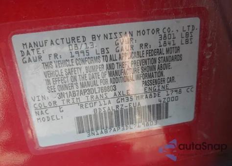 2013 Nissan Sentra Sr из США, поврежденный, VIN 3N1AB7AP3DL769803